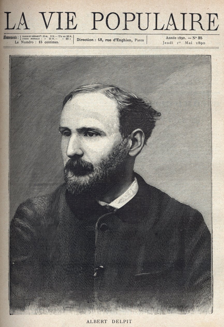 अल्बर्ट डेलपिट का पोर्ट्रेट (1849-1893), उपन्यासकार और नाटककार। "ला वी पॉपुलर" में उत्कीर्णन द्वारा फ्रेंच स्कूल