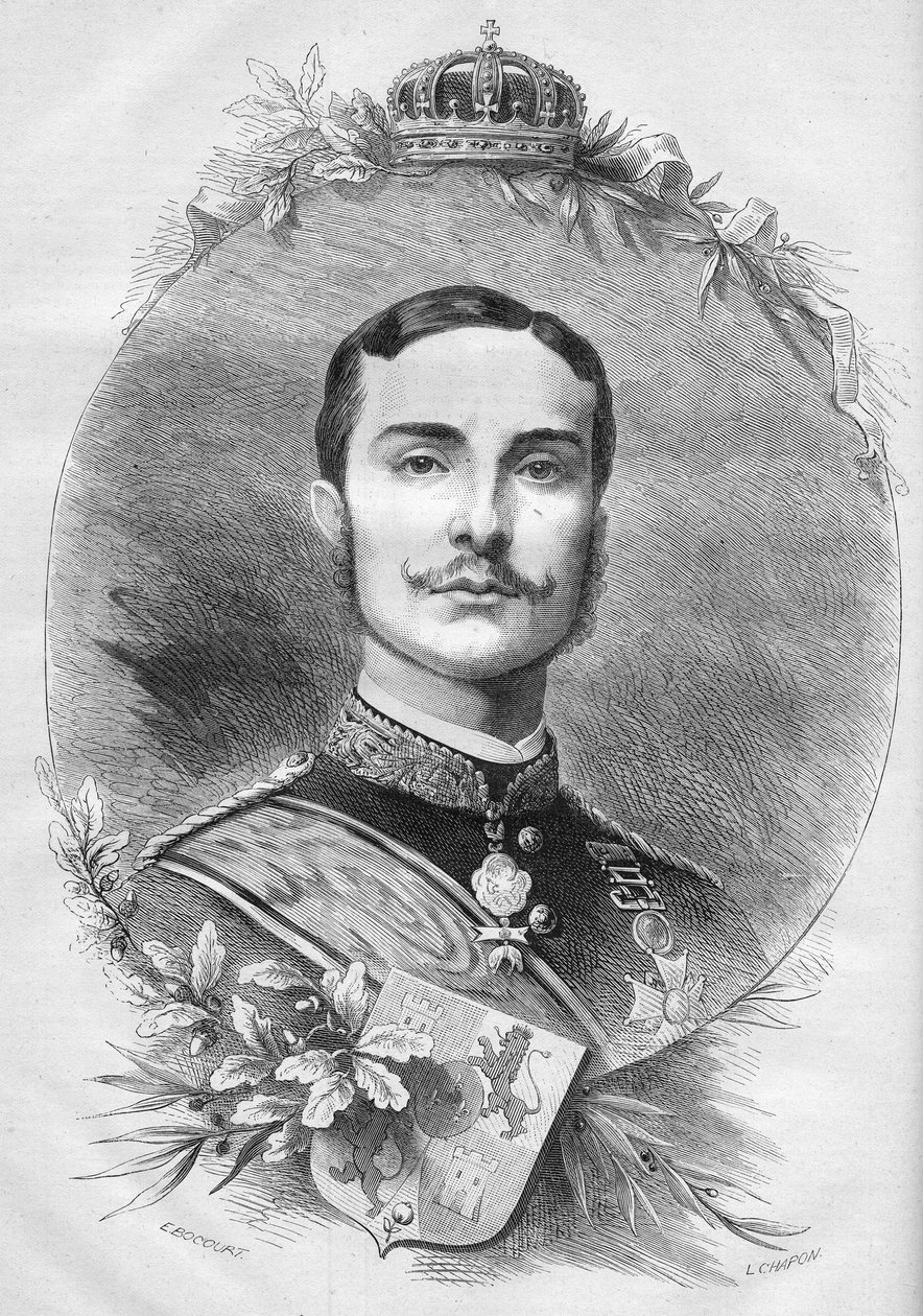 अल्फोंसो XII (अल्फोन्सो) (1857-1885), स्पेन के राजा का पोर्ट्रेट। 19 जनवरी 1878 के "" ले मोंडे इलस्ट्र्रे "" n ° 1085 में उत्कीर्णन। द्वारा फ्रेंच स्कूल