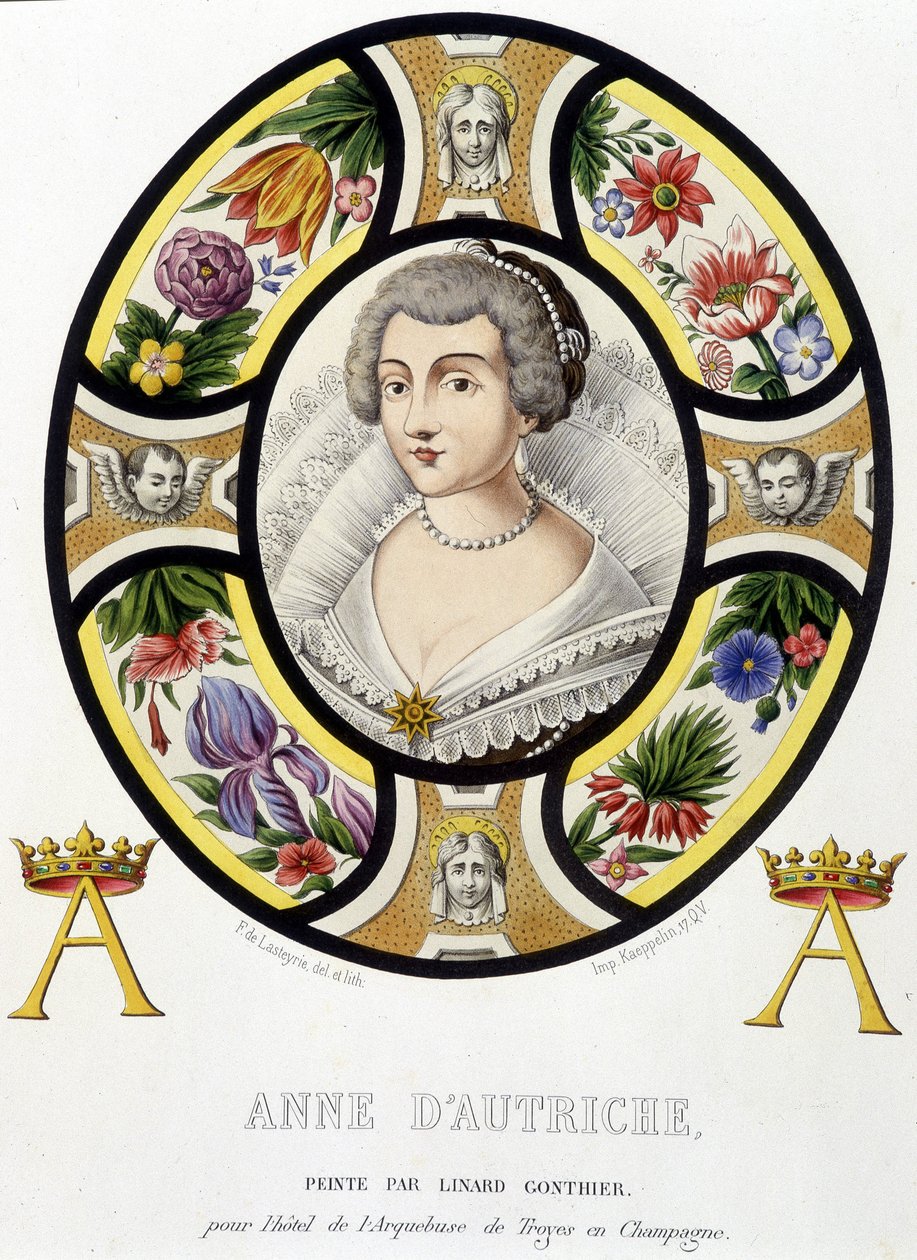ऑस्ट्रिया की ऐनी, फ्रांस की रानी (1601-1666) का पोर्ट्रेट। फर्डिनेंड डी लास्टेरी द्वारा "ग्लास पेंटिंग का इतिहास" में मध्य युग से फेस सिमिल डी'अन सना हुआ ग्लास द्वारा फ्रेंच स्कूल