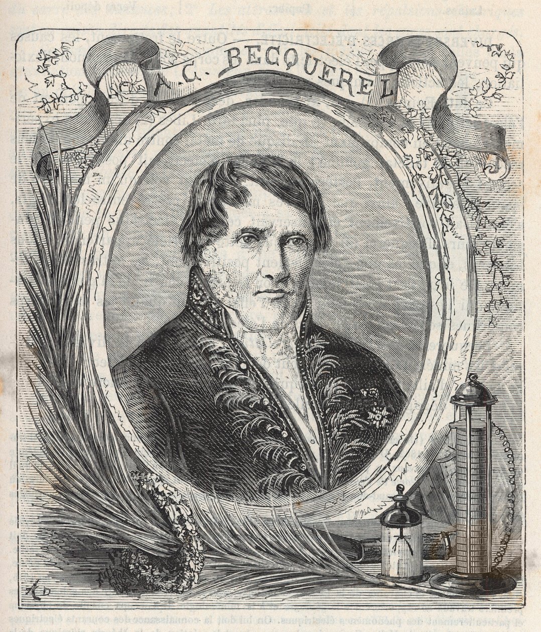 एंटोनी सीजर बेकरेल (1788-1878) का पोर्ट्रेट, फ्रांसीसी भौतिक विज्ञानी - एलेक्सिस क्लर्क द्वारा "विज्ञान ए ला ग्रेटेट डे टूस - लोकप्रिय भौतिकी एट चिमी" में उत्कीर्णन - 19 वीं शताब्दी का अंत - निजी संग्रह द्वारा फ्रेंच स्कूल