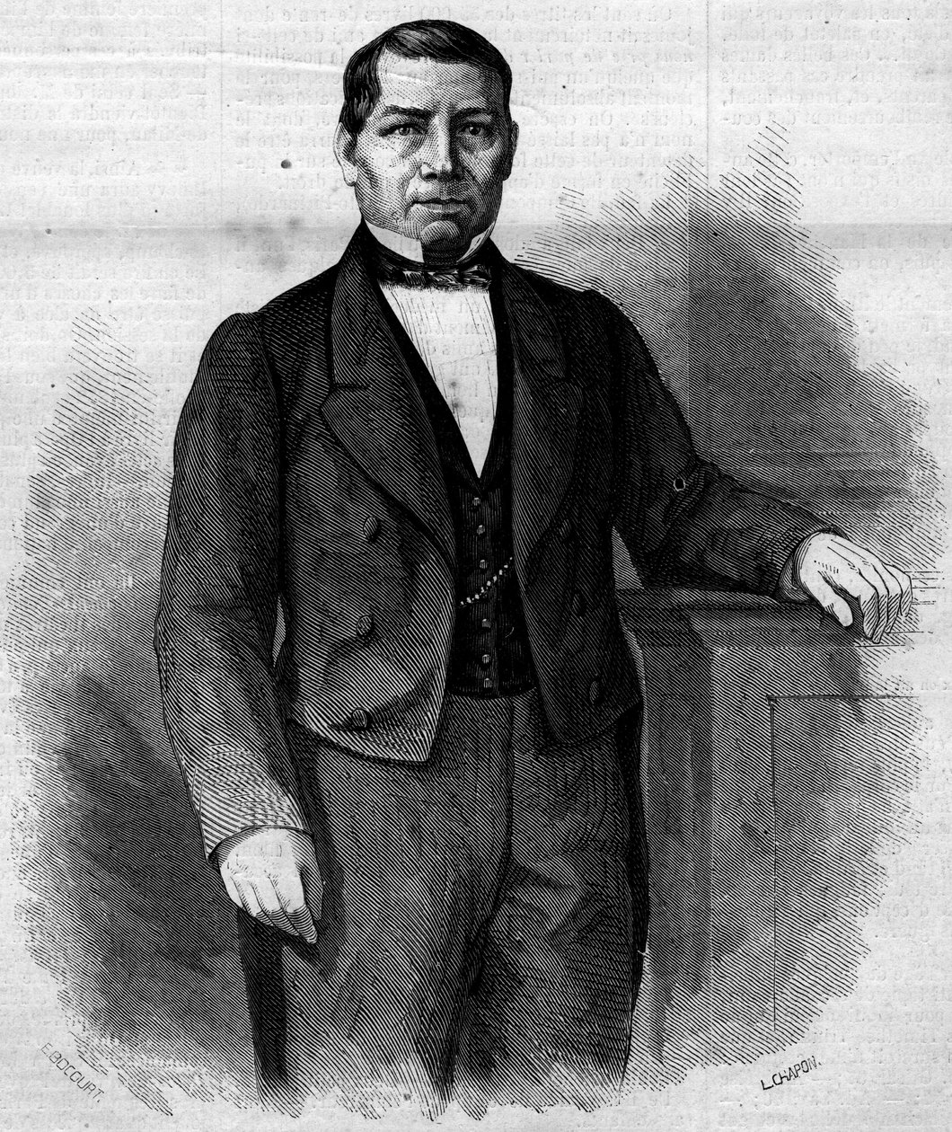 बेनिटो पाब्लो जुआरेज़ गार्सिया का पोर्ट्रेट (1806-1872), मैक्सिकन राजनीतिज्ञ। 14 जून 1862 के "" ले मोंडे इलस्ट्र्रे "" एन ° 270 में उत्कीर्णन। द्वारा फ्रेंच स्कूल