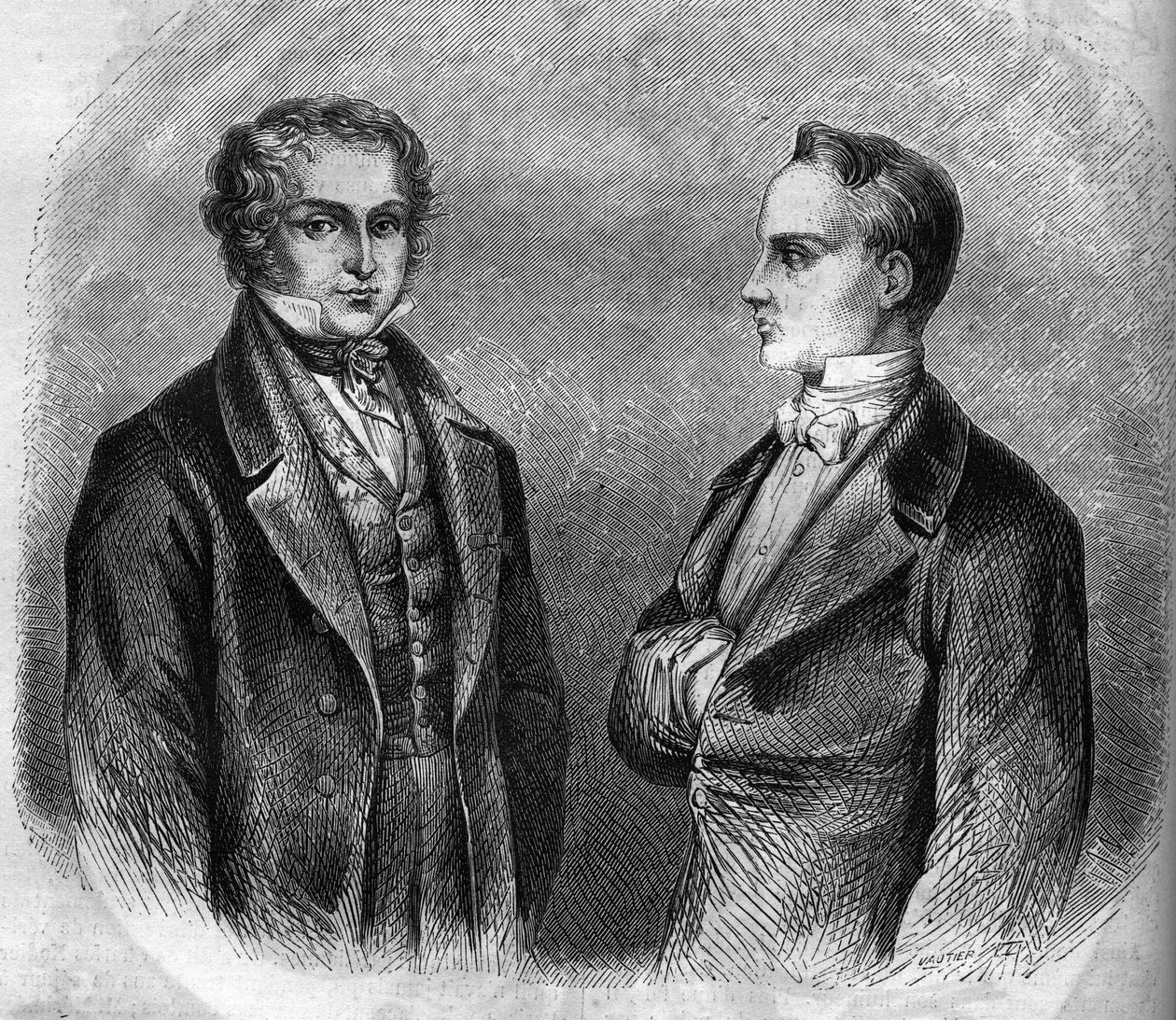 चार्ल्स नोडियर (1780-1844) और प्रोस्पर मेरिमी (1803-1870), फ्रांसीसी लेखकों का पोर्ट्रेट। 1866-1867 से उत्कीर्णन। द्वारा फ्रेंच स्कूल