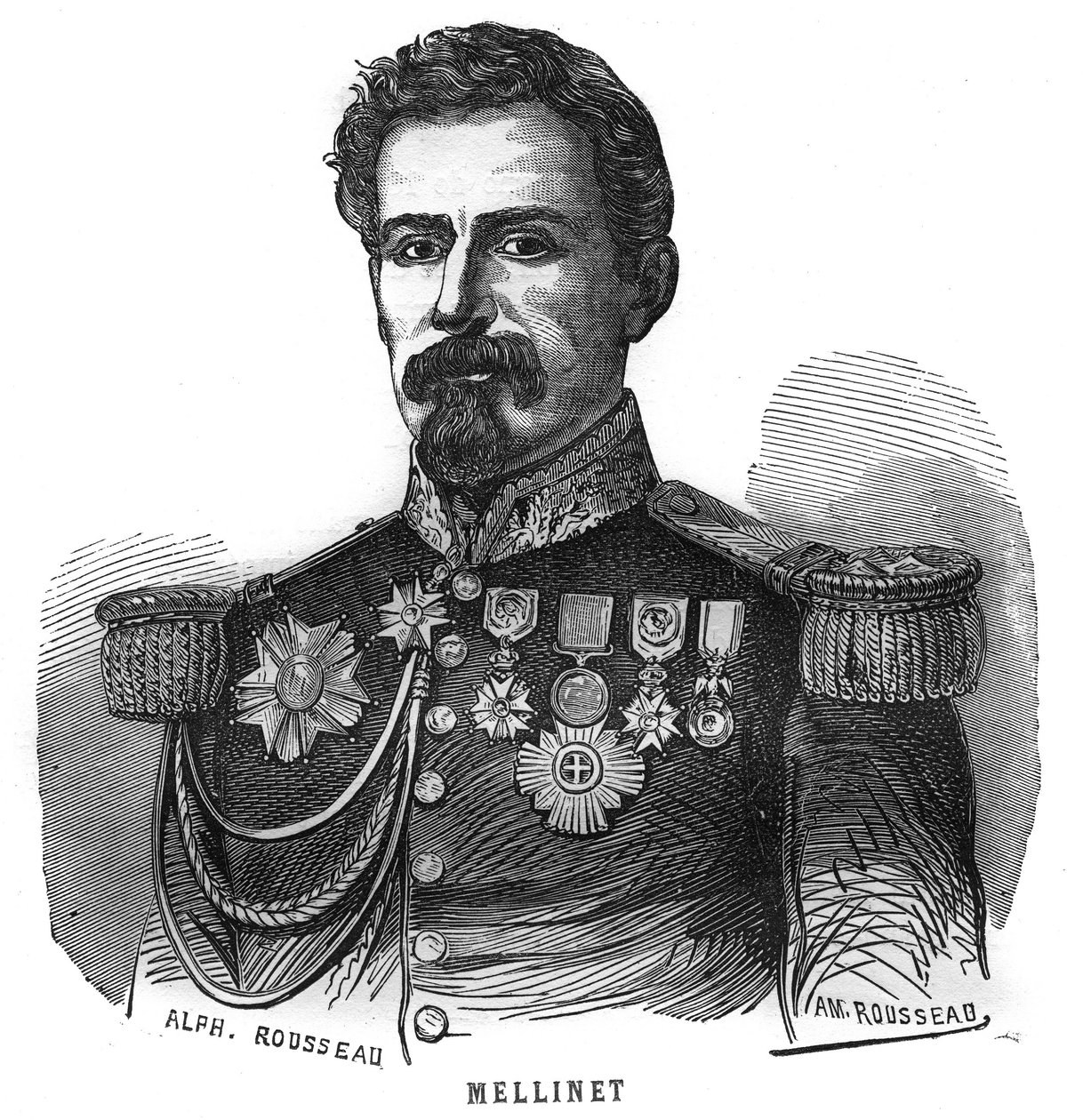 एमिल हेनरी मेलिनेट का पोर्ट्रेट (1798-1894) फ्रांसीसी जनरल। "लेस इलस्ट्रेशन्स डी ल'आर्मी फ़्रैन्काइज़ डे १७८९ ए १८८०" में उत्कीर्णन द्वारा फ्रेंच स्कूल