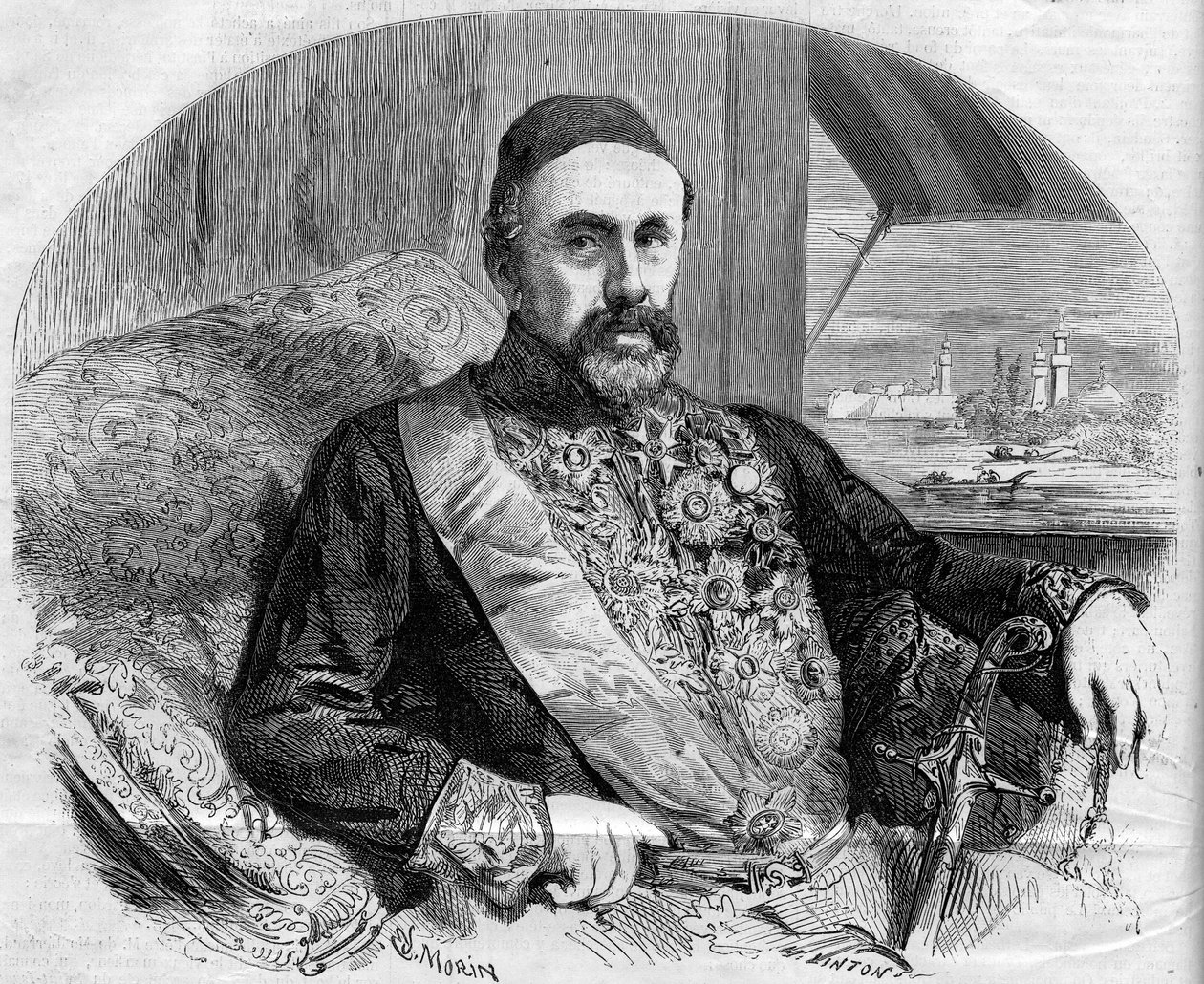 फौद (फुआद) पाशा (1815-1869), तुर्की के राजनेता और राजदूत का पोर्ट्रेट। "" द इलस्ट्रस वर्ल्ड" में मोरिन द्वारा उत्कीर्णन n° 65 जुलाई 10 द्वारा फ्रेंच स्कूल