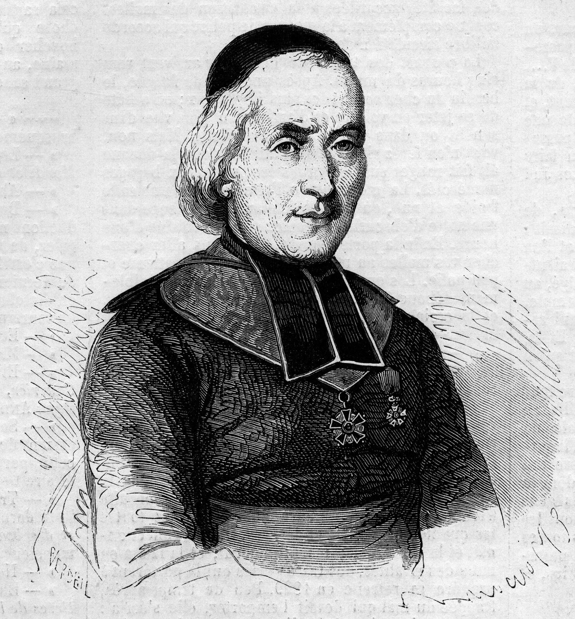 फ्रेंकोइस जोसेफ ले ब्रॉटियर (1799-1885), मॉन्टपेलियर के बिशप का पोर्ट्रेट। 26 अक्टूबर के "" ले मोंडे इलस्ट्रे "" एन ° 237 में उत्कीर्णन द्वारा फ्रेंच स्कूल