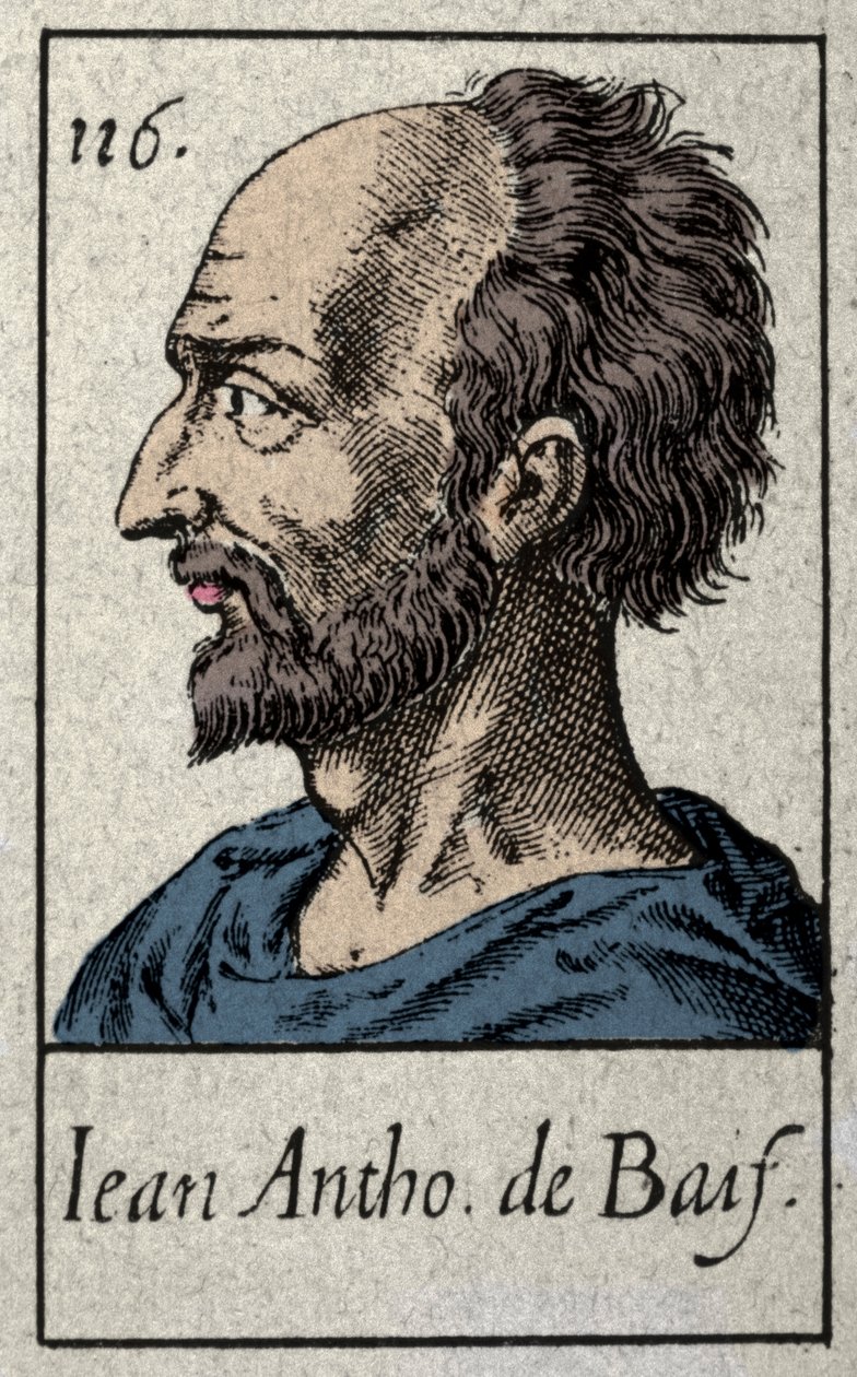 प्लीएड आंदोलन के फ्रांसीसी कवि सदस्य, जीन एंटोनी डी बाईफ (1532-1589) का पोर्ट्रेट। 19वीं सदी की नक्काशी। द्वारा फ्रेंच स्कूल