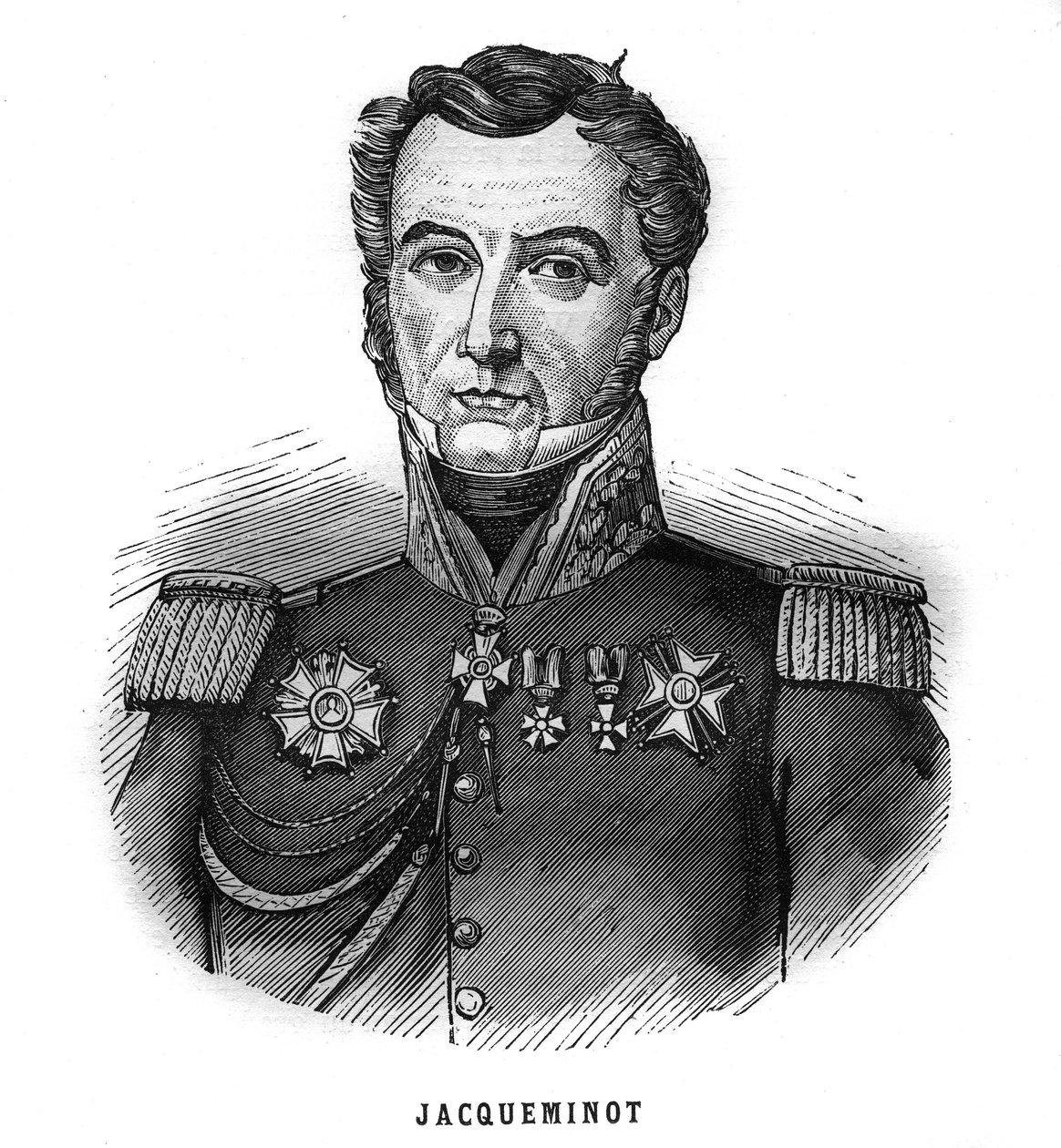 जीन फ्रेंकोइस जैक्वेमिनोट का पोर्ट्रेट, विस्काउंट ऑफ हैम (1787-1865), फ्रांसीसी जनरल और राजनीतिज्ञ। "लेस इलस्ट्रेशन्स डी ल'आर्मी फ़्रैन्काइज़ डे १७८९ ए १८८०" में उत्कीर्णन द्वारा फ्रेंच स्कूल