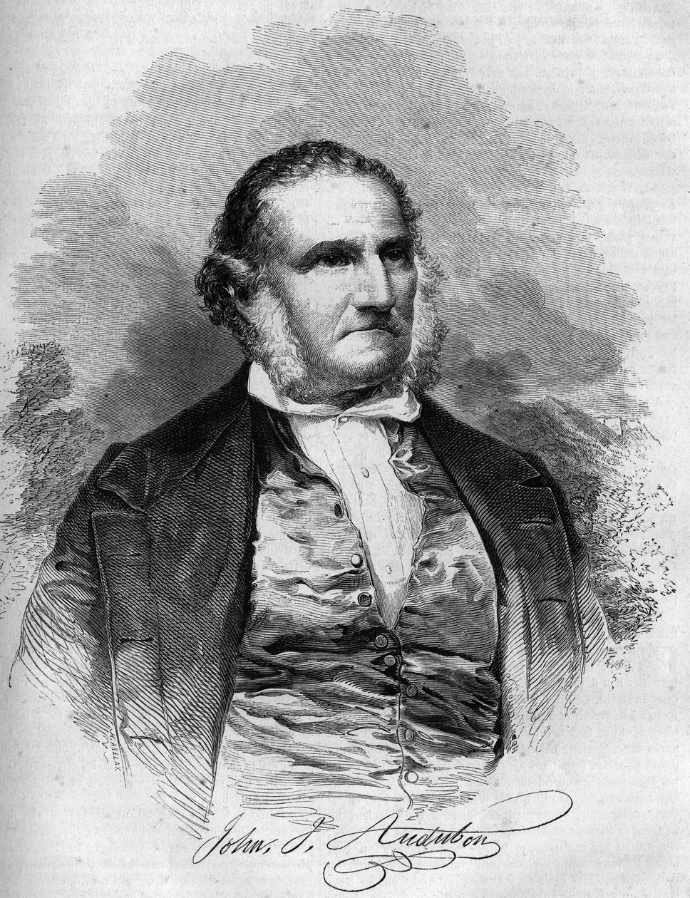 जॉन जेम्स ऑडबोन का पोर्ट्रेट (1780-1851), अमेरिकी पक्षी विज्ञानी। "" ले मैगासिन सुरम्य" में उत्कीर्णन द्वारा फ्रेंच स्कूल