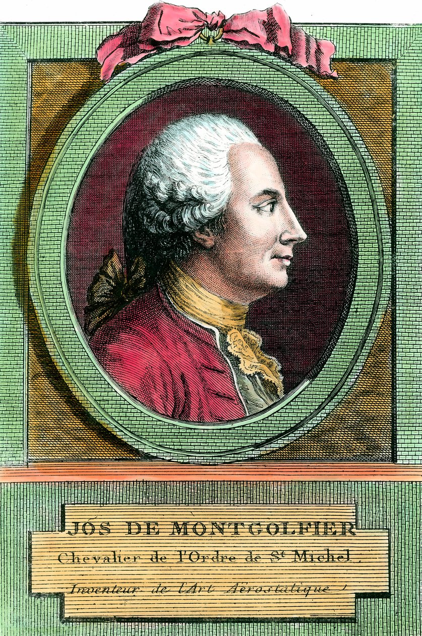 गर्म हवा के गुब्बारे के आविष्कारक जोसेफ डी मोंटगोल्फियर (1740 - 1810) का पोर्ट्रेट। 18 वीं शताब्दी की नक्काशी। निजि संग्रह। द्वारा फ्रेंच स्कूल