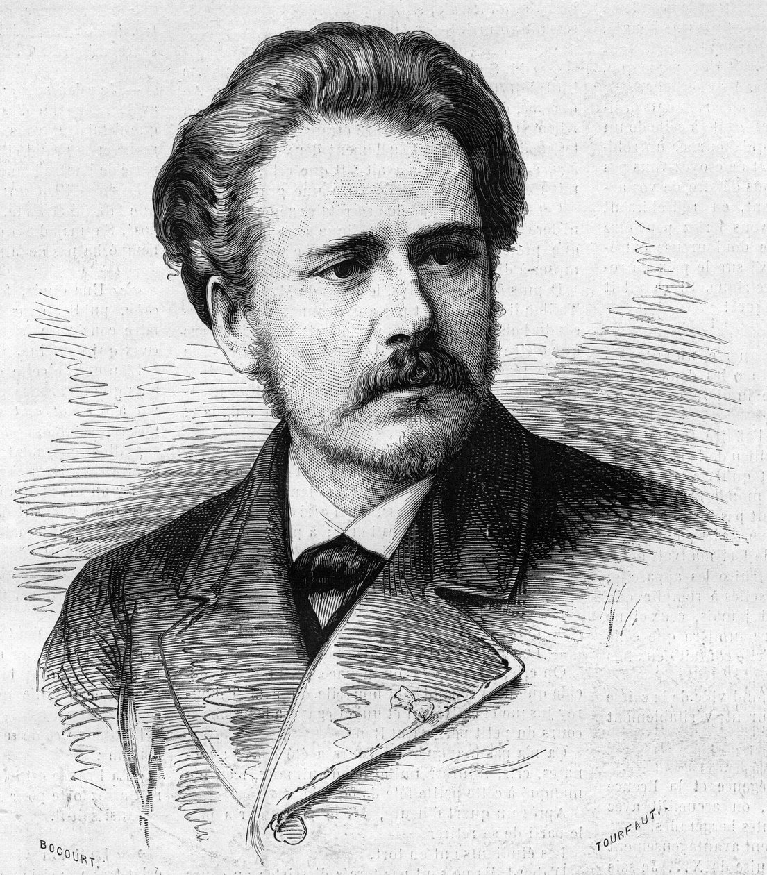 जूल्स मैसेनेट का पोर्ट्रेट (1842-1912), फ्रांसीसी संगीतकार। 5 मई 1877 के "" ले मोंडे इलस्ट्र्रे "" एन ° 1047 में उत्कीर्णन। द्वारा फ्रेंच स्कूल