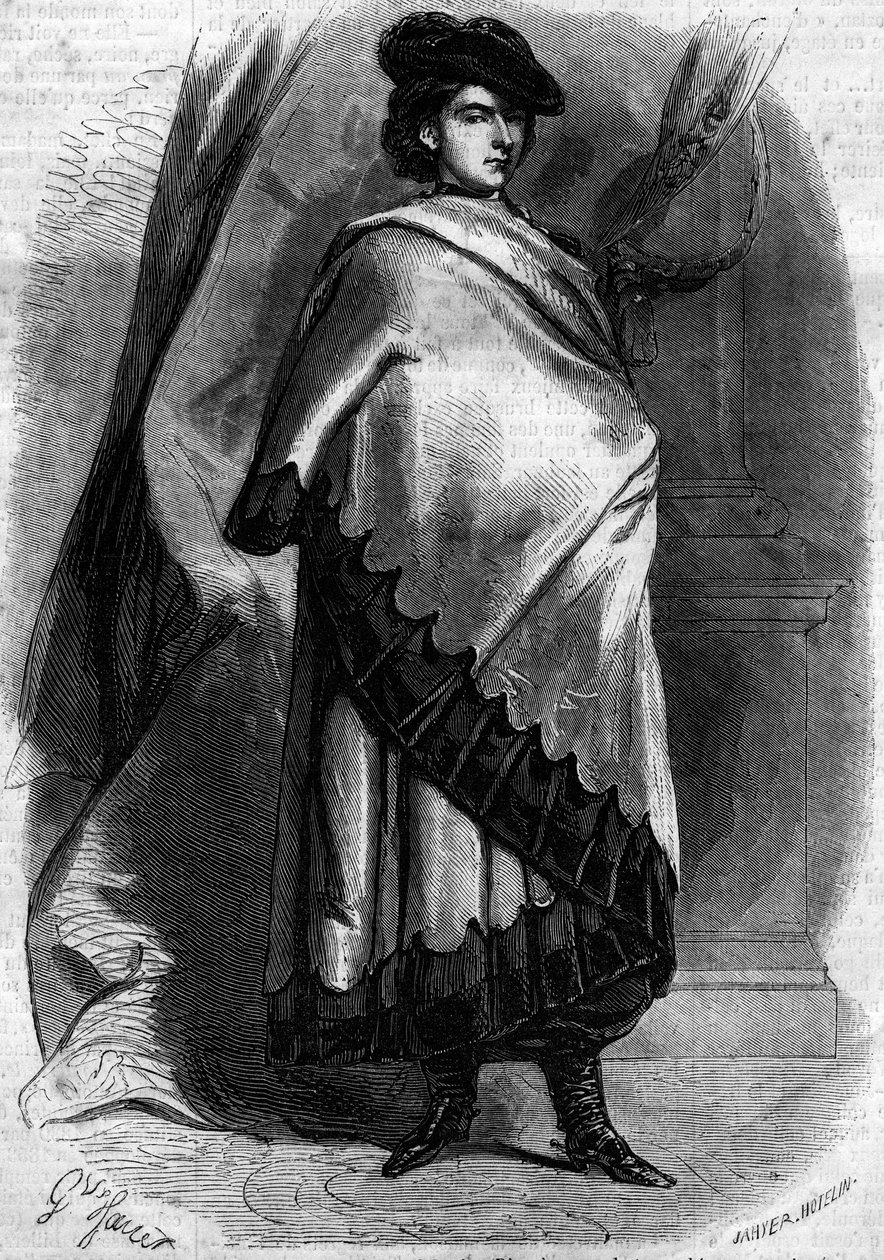 कैलाब्रियन पोशाक में मैरी सोफी एमेली (1841-1925), डचेस ऑफ बावियर और क्वीन ऑफ द टू सिसिली, फ्रेंकोइस II की पत्नी का पोर्ट्रेट। 29 दिसंबर 1860 के "" ले मोंडे इलस्ट्रे"" n°194 में उत्कीर्णन। द्वारा फ्रेंच स्कूल