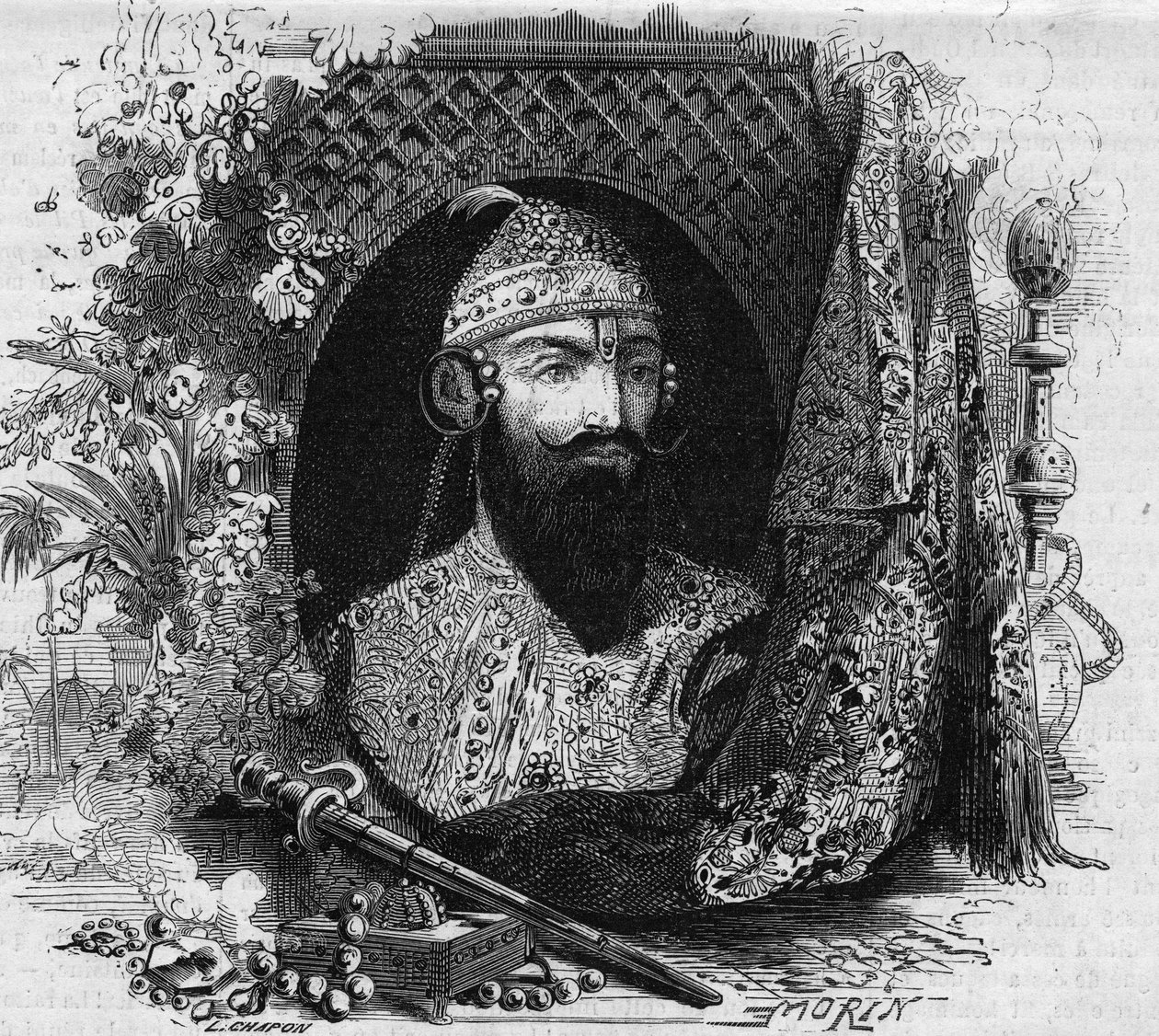नाना साहब (नाना साहिब) का पोर्ट्रेट (उनके असली नाम धुंडू पंत से) (सीए। 1820-?), भारत में सिपायों के उपनिवेश-विरोधी विद्रोह के प्रमुख। 15 अगस्त 1863 के "" ले मोंडे इलस्ट्र्रे"" एन ° 331 में उत्कीर्णन। द्वारा फ्रेंच स्कूल