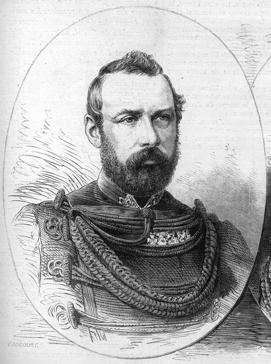 ऑस्कर II (1829-1907), स्वीडन और नॉर्वे के राजा का पोर्ट्रेट। 28 सितंबर 1872 के "" ले मोंडे इलस्ट्र्रे"" एन °807 में उत्कीर्णन। द्वारा फ्रेंच स्कूल