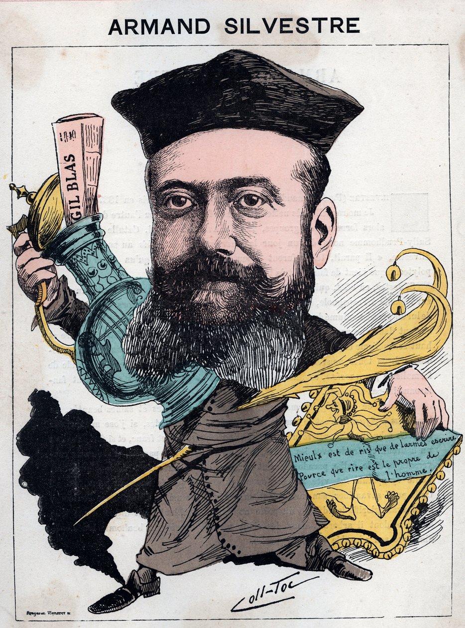 पॉल आर्मंड (पॉल-आर्मंड) सिल्वेस्ट्रे (1837-1901) का पोर्ट्रेट, फ्रांसीसी कवि - "लेस होम्स डी'टुडे", पेरिस में दूसरों द्वारा कार्टून (कोलिग्नन और टोकेविले) द्वारा फ्रेंच स्कूल