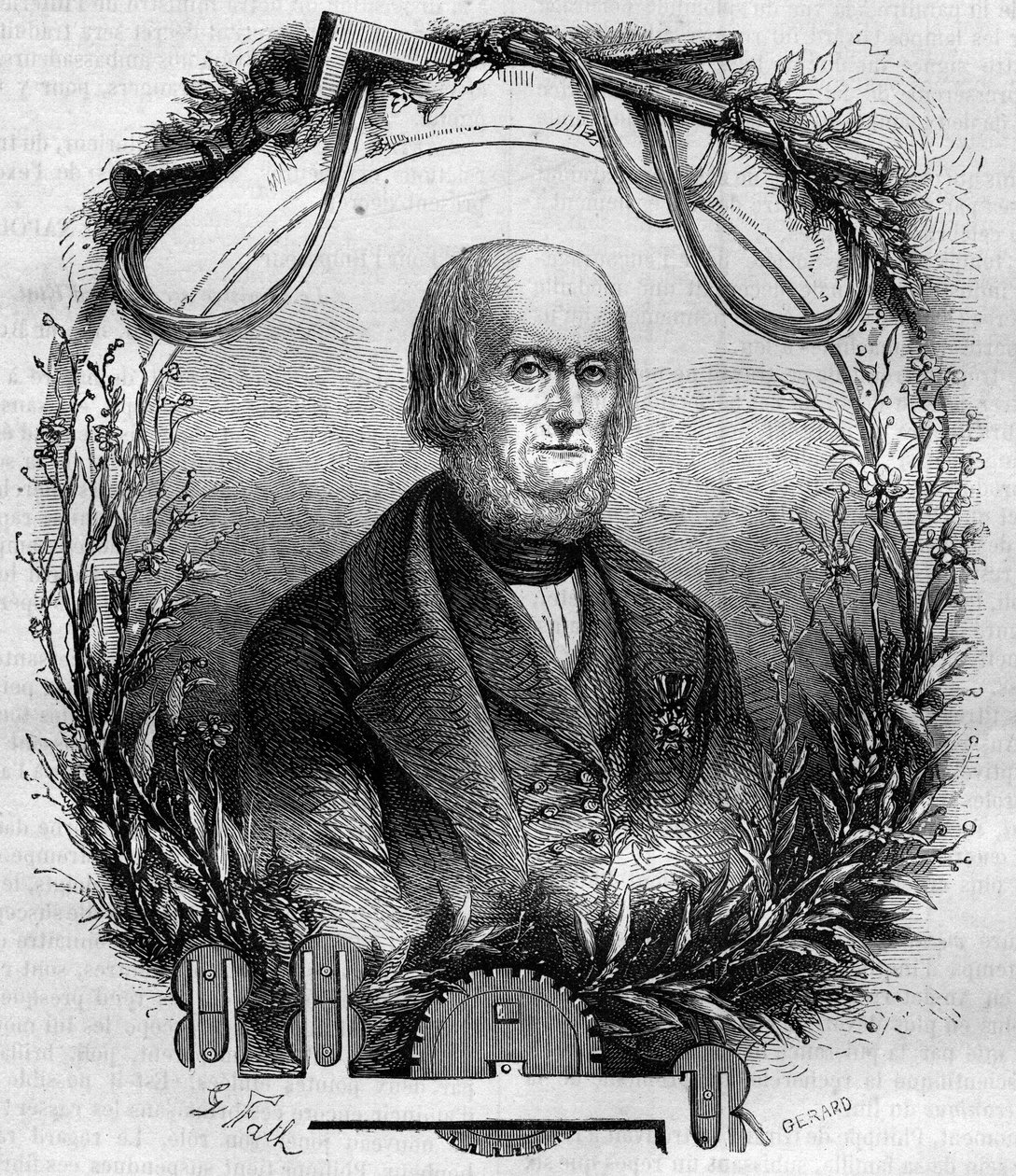 फिलिप डी गिरार्ड (1775-1845) का पोर्ट्रेट, फ्रांसीसी आविष्कारक और उद्योगपति, लिनन कताई मशीन के निर्माता। 1866-1867 से उत्कीर्णन। द्वारा फ्रेंच स्कूल