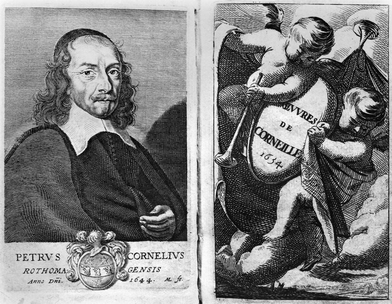 1634 में प्रकाशित पियरे कॉर्निले का पोर्ट्रेट (1606-84) 1644, कॉर्निले की रचनाओं के एक संस्करण के लिए अग्र भाग द्वारा फ्रेंच स्कूल