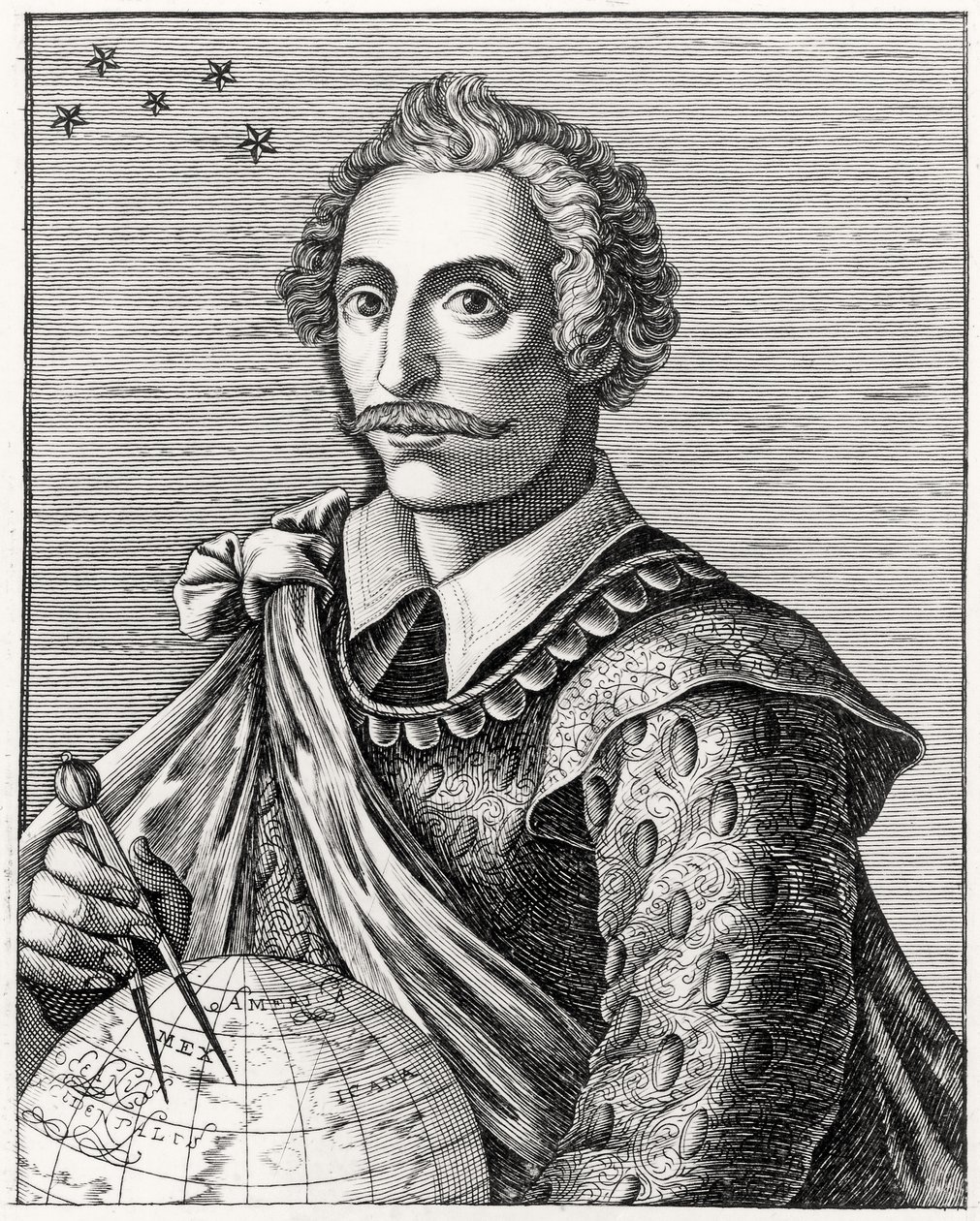 थॉमस आर्मेंडिश का पोर्ट्रेट (1560-92) एल आर्मेसिन द्वारा उकेरा गया द्वारा फ्रेंच स्कूल