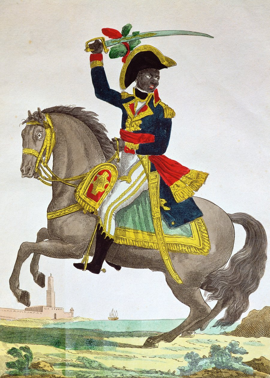 19 वीं शताब्दी की शुरुआत में घोड़े की पीठ पर टूसेंट लाउवर्चर (1743-1803) का चित्रांकन (रंग उत्कीर्णन) द्वारा फ्रेंच स्कूल