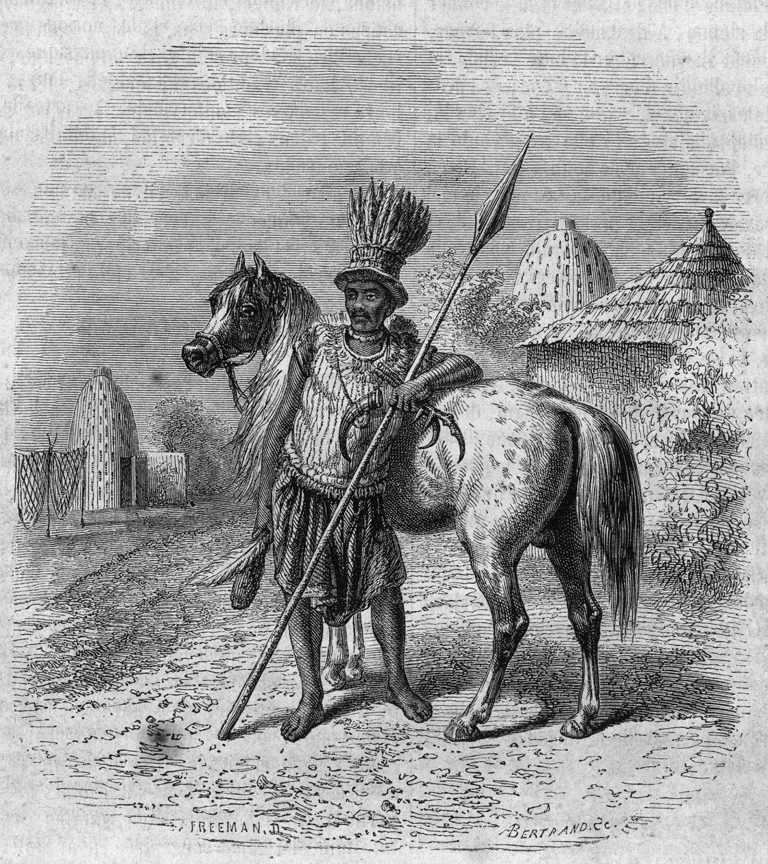 19वीं सदी के मध्य में मध्य अफ्रीका में मूसगौ जनजाति के एक नेता का पोर्ट्रेट। फ्रीमैन द्वारा उत्कीर्णन "" सुरम्य मैगासिन "" द्वारा फ्रेंच स्कूल