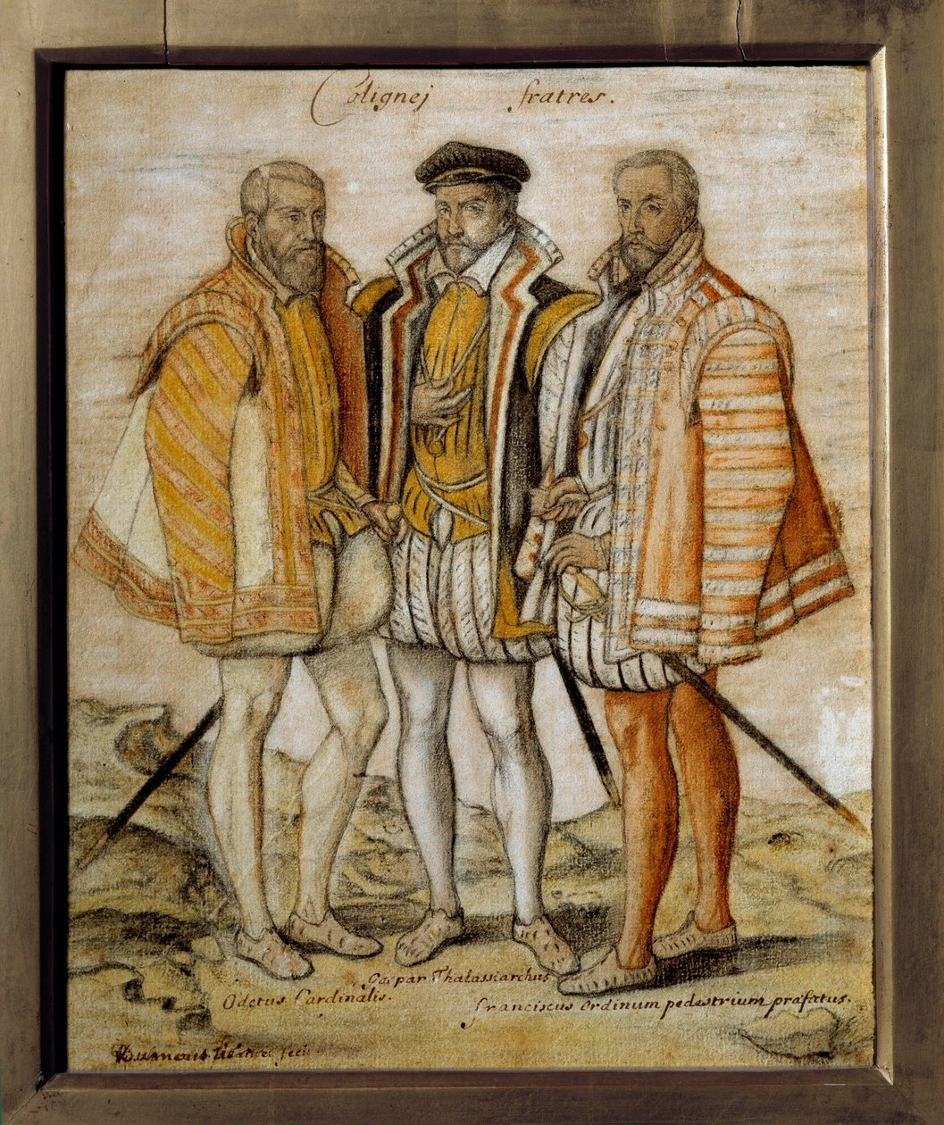 तीन भाइयों कोलिग्न (ओडेट (1517-1571), गैसपार्ड (1519-1572) और फ्रेंकोइस) का पोर्ट्रेट। बेनामी ड्राइंग। सूर्य 0,26x0,21मी चान्तिली, मुसी कोंडे द्वारा फ्रेंच स्कूल
