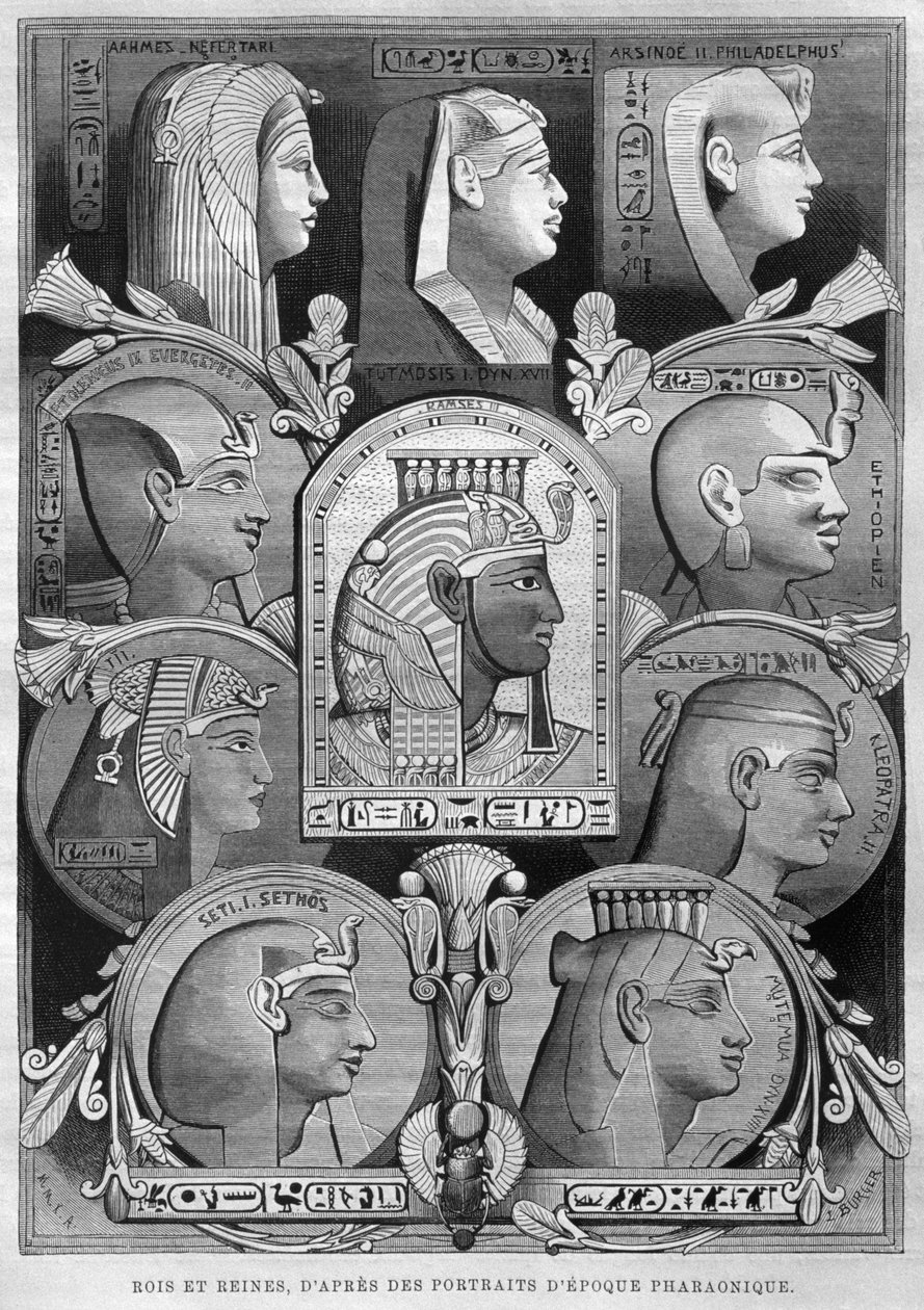 प्राचीन मिस्र के रानियों और राजाओं के चित्र, जॉर्ज मोरित्ज़ एबर्स (1837-98) के लिजीप से, 1881 (बीडब्ल्यू उत्कीर्णन) द्वारा फ्रेंच स्कूल