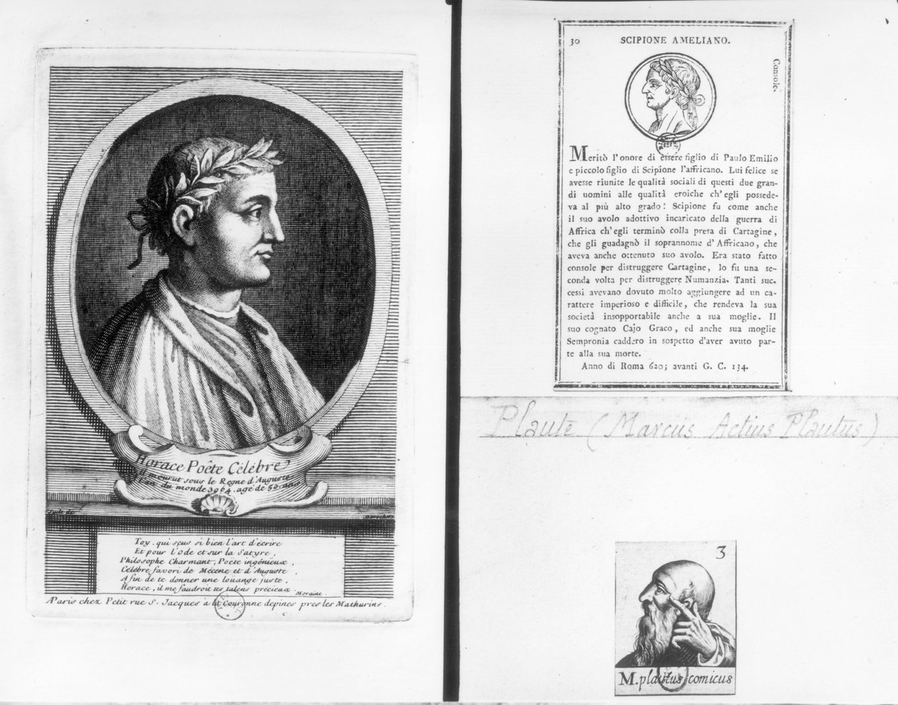 होरेस (65-8 ई.पू.) Scipio (अफ्रिकानुस मेजर) (185-129 ईसा पूर्व) और Plautus के चित्र (c.254-184 ईसा पूर्व) द्वारा फ्रेंच स्कूल