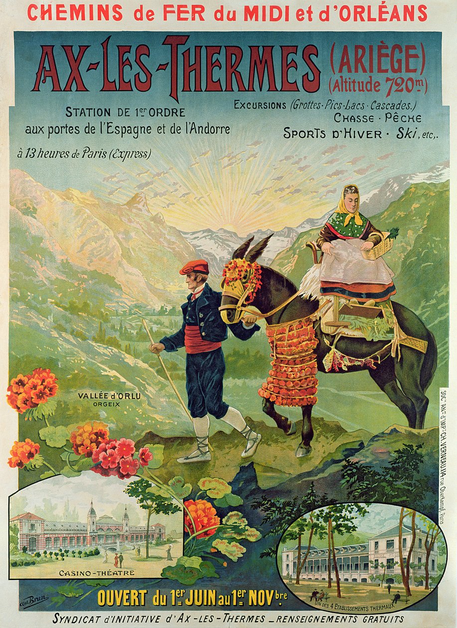 पोस्टर ने Ax-Les-Thermes, फ्रांस, c.1900 के स्की रिसॉर्ट का विज्ञापन किया द्वारा फ्रेंच स्कूल