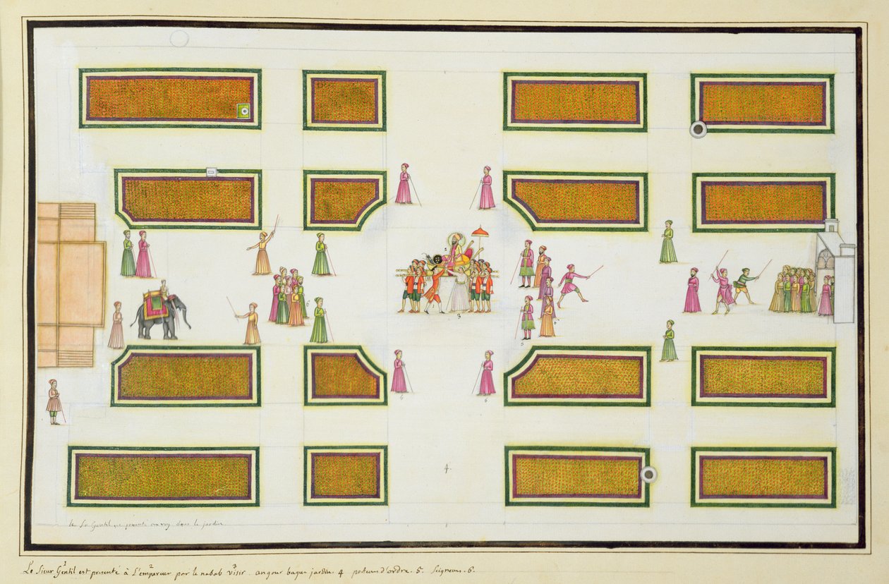 1774 में प्रकाशित द जेंटिल एल्बम से अंगुर बाग में नवाब शुजा उद-दौला द्वारा सम्राट शाह आलम द्वारा जेंटिल की प्रस्तुति द्वारा फ्रेंच स्कूल