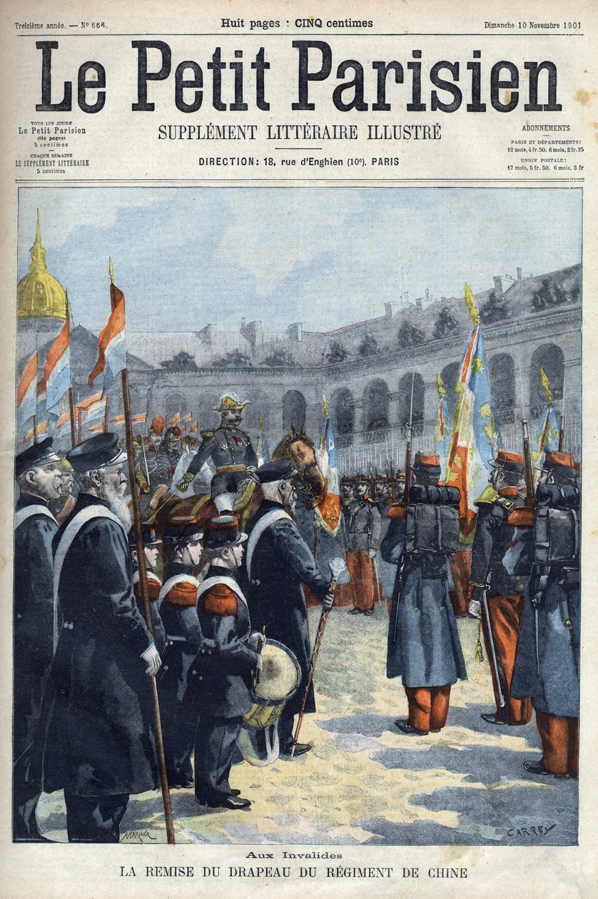 "ले पेटिट पेरिसियन"" 1901 (उत्कीर्णन) में पेरिस में इनवैलिड्स में जनरल अर्नौक्स गवर्नर को जनरल फॉरे बिगुएट (फौरे-बिगुएट) द्वारा चीन की रेजिमेंट के ध्वज की प्रस्तुति (उत्कीर्णन) द्वारा फ्रेंच स्कूल