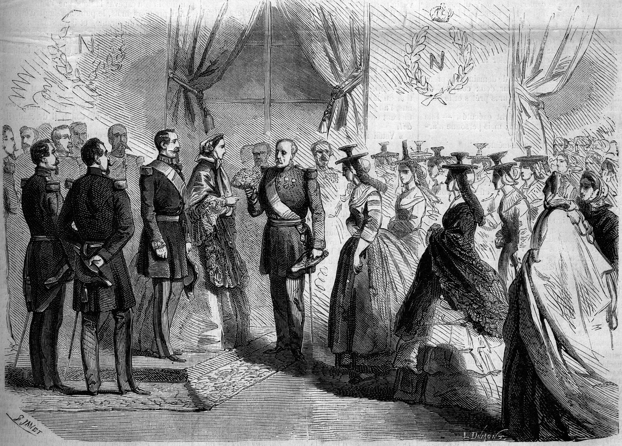 नेपोलियन III (1808-1873) और इंप्रेस यूजिनी (1826-1920) को बारह मैकोनाइज के लिए देशी पोशाक में प्रस्तुति। मैकॉन, साओन और लॉयर (71) द्वारा फ्रेंच स्कूल