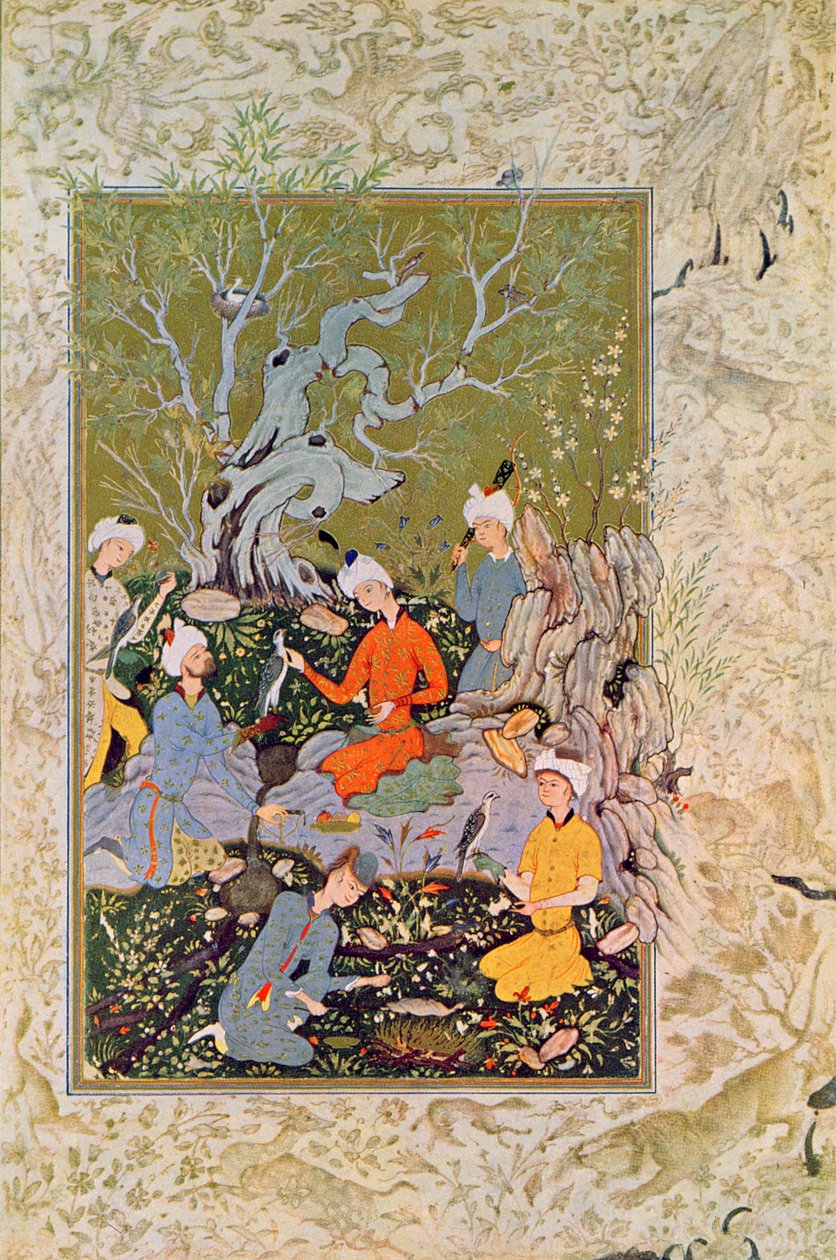 फाल्कन के साथ राजकुमार शिकार, अरब नाइट्स के लिए चित्रण, 1895 (रंग उत्कीर्णन) द्वारा फ्रेंच स्कूल