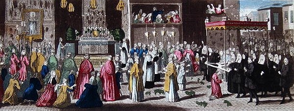 पेरिस में Fete-Dieu के दौरान जुलूस (रंगीन उत्कीर्णन) द्वारा फ्रेंच स्कूल