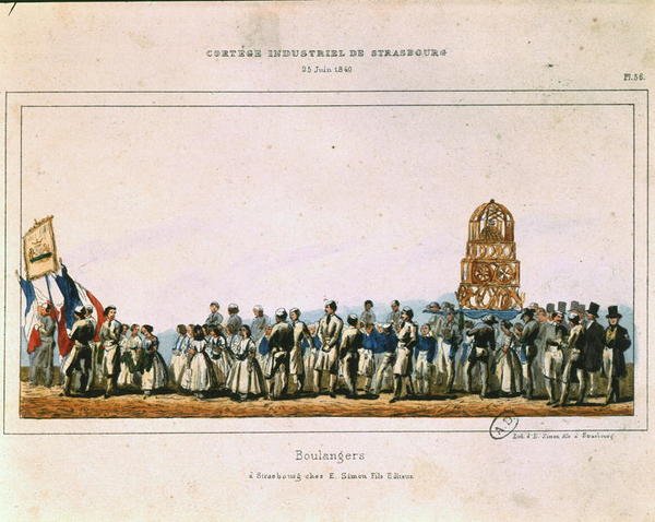 स्ट्रासबर्ग में बेकर्स का जुलूस, 25 जून 1840 (कलर लिथो) द्वारा फ्रेंच स्कूल