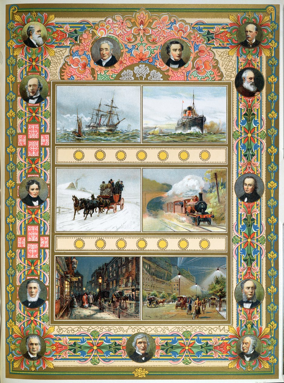 महारानी विक्टोरिया के शासनकाल के दौरान प्रगति (1819-1901)। नौकायन जहाज, स्टीम जहाज, स्टीम ट्रेन और गैस और इलेक्ट्रिक स्ट्रीट लाइटिंग, 1887 द्वारा फ्रेंच स्कूल