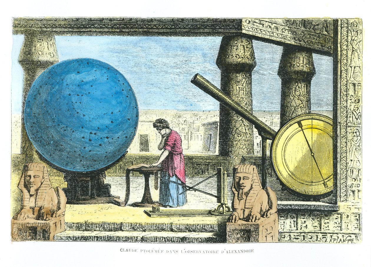 टॉलेमी (c.90-168) (क्लॉडियस टॉलेमीस) अलेक्जेंड्रिया की वेधशाला में, लुई फिएर (बाद में कोलोराशन) द्वारा ला वी डेस सावेंट इलस्ट्रेस से द्वारा फ्रेंच स्कूल