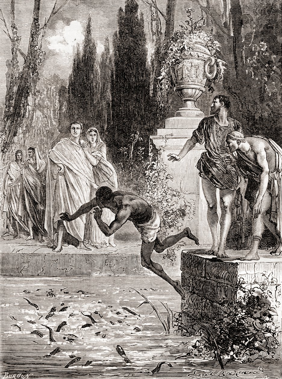 Publius Vedius Pollio, रोमन अश्वारोही, अपने दास को ईल से खिलाते हुए, लेस मर्विल्स डी ला साइंस, c.1870 प्रकाशित द्वारा फ्रेंच स्कूल