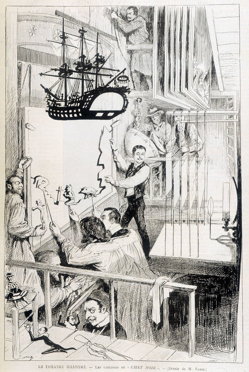 चैट नोयर, पेरिस कैबरे के पर्दे के पीछे कठपुतली - 28/01/1888 से "ले मोंडे इलस्ट्रे" में। द्वारा फ्रेंच स्कूल