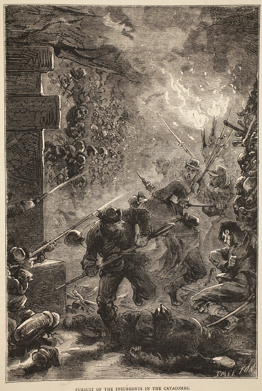 कैटाकॉम्ब्स में विद्रोहियों का पीछा, मई 1871, फ्रांस और जर्मनी के बीच युद्ध के कैसेल्स इतिहास का चित्रण, 1870-1871 द्वारा फ्रेंच स्कूल