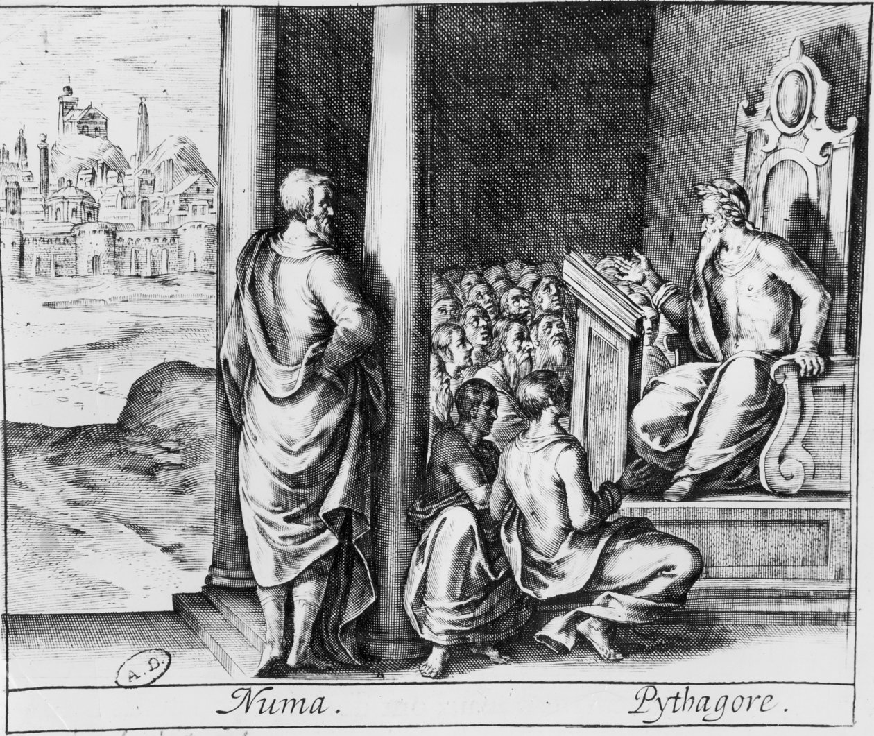 पाइथागोरस (c.570-480 ईसा पूर्व) छात्रों के एक वर्ग को पढ़ाते हुए, Ovids Metamorphoses से चित्रण द्वारा फ्रेंच स्कूल