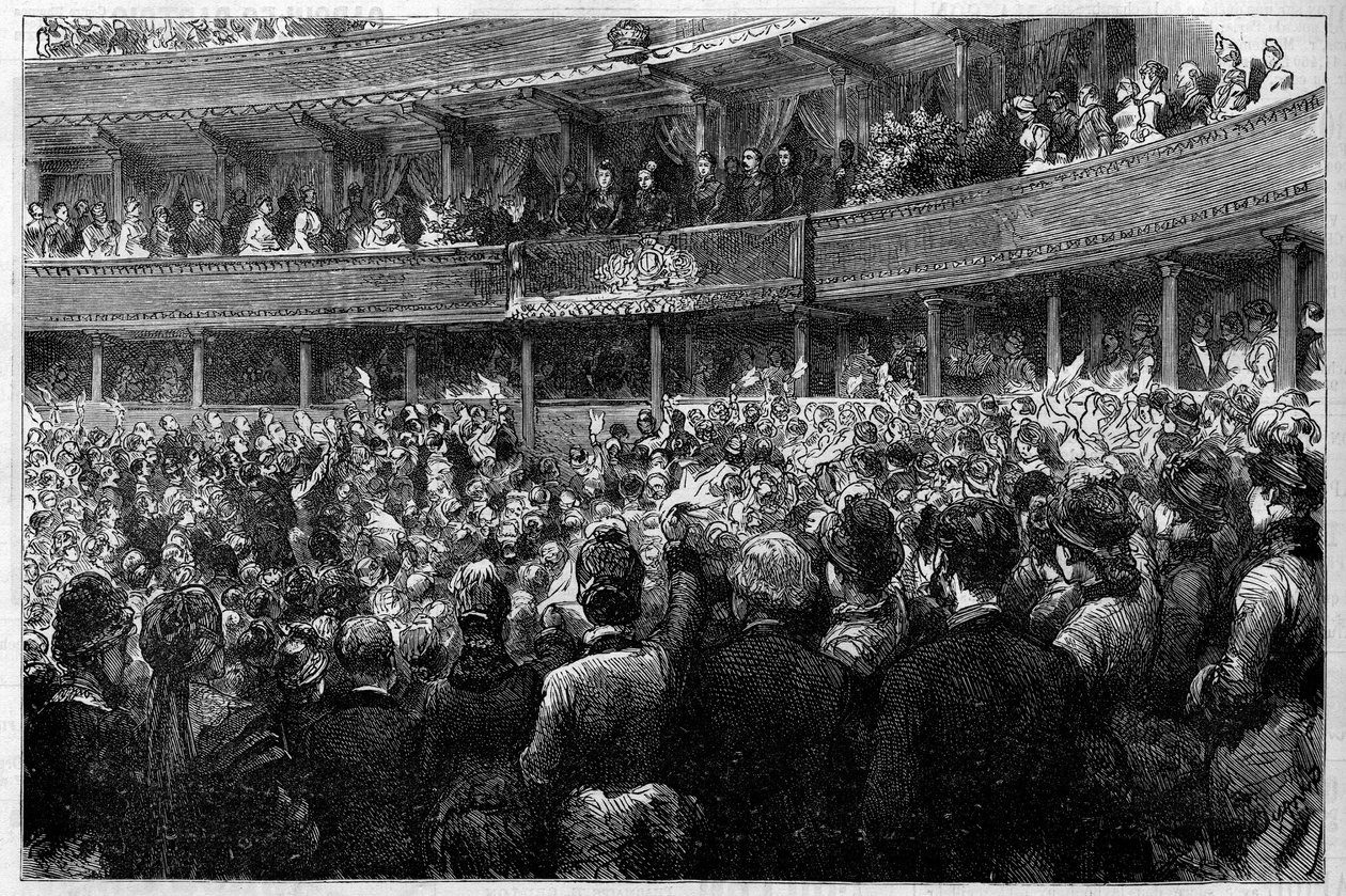 महारानी विक्टोरिया आईरे (1819-1901) ने लंदन के अल्बर्ट हॉल में चार्ल्स गुनोद के भाषण "मोर्स एट वीटा" के प्रदर्शन में भाग लिया। अपने पति प्रिंस अल्बर्ट की मृत्यु के बाद यह उनका पहला सार्वजनिक प्रतिनिधित्व है। "" ले मोंडे इलस्ट्रे" म द्वारा फ्रेंच स्कूल