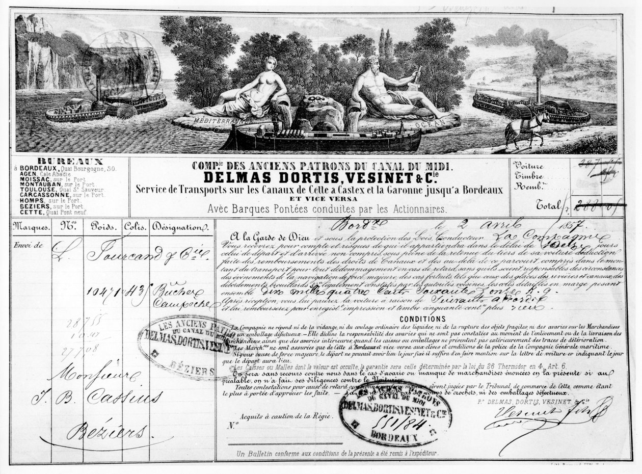 1857 में बोर्डो से बेजियर्स तक माल के परिवहन के लिए कॉम्पेग्नी डू कैनाल डू मिडी द्वारा जारी रसीद द्वारा फ्रेंच स्कूल
