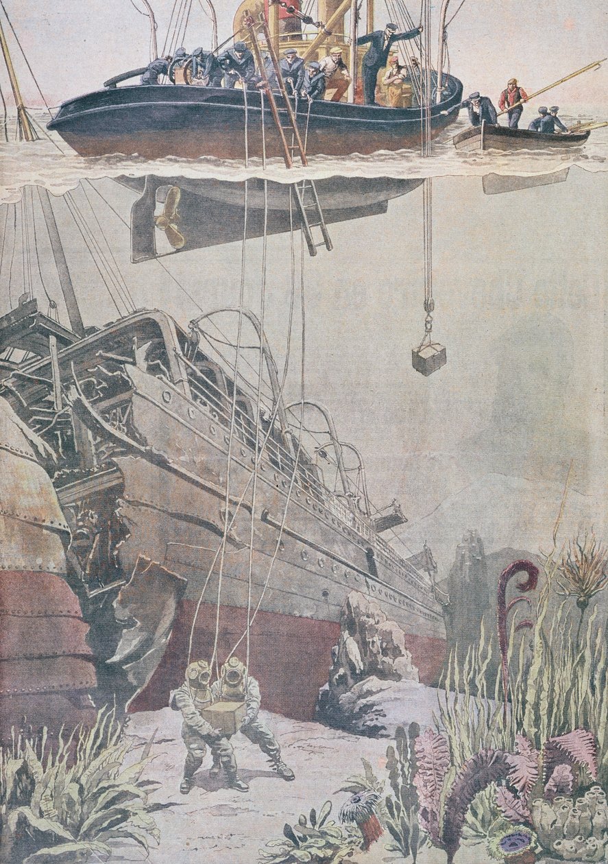 ओशिन के मलबे से खजाने की वसूली, ले पेटिट जर्नल, 1912 से चित्रण द्वारा फ्रेंच स्कूल