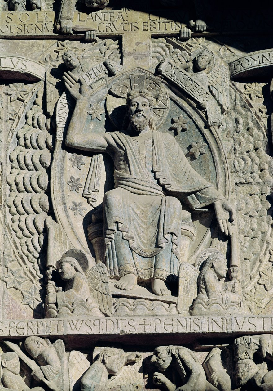 ग्लोरी में क्राइस्ट को चित्रित करते हुए राहत, tympanum पर अंतिम निर्णय से विस्तार, c.1140 द्वारा फ्रेंच स्कूल