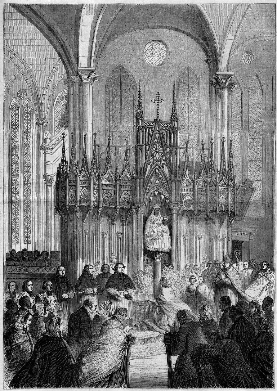 धार्मिक कला: 1858 में चार्ट्रेस (यूरे एट लॉयर, 28) के गिरजाघर में नोट्रे डेम डू पिलर या "" कन्या नोयर "" (लगभग 1540) की मूर्ति। 25 दिसंबर के "ले मोंडे इलस्ट्रे" "एन ° 89 में उत्कीर्णन १८५८. द्वारा फ्रेंच स्कूल
