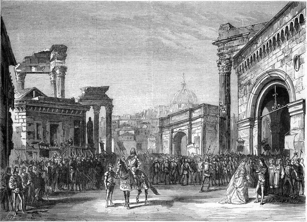 एक ओपेरा का प्रतिनिधित्व: रिचर्ड वैगनर (1813-1883) द्वारा "" रिएन्ज़ी ""। अधिनियम III (मंच) से दृश्य। पेरिस, गीत थियेटर द्वारा फ्रेंच स्कूल