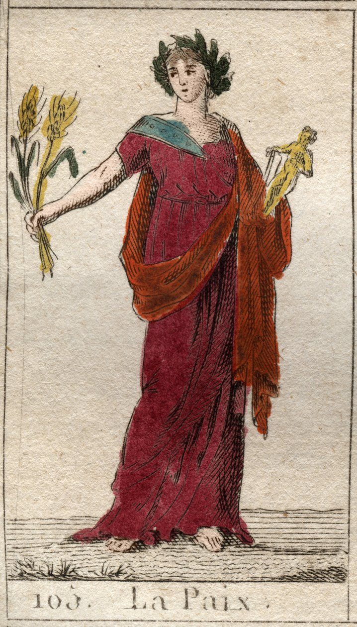 शांति का प्रतिनिधित्व, एक महिला के रूप में, एक शेफ को पकड़े हुए, लॉरेल्स के साथ ताज पहनाया। पियरे ब्लैंचर्ड 1803 द्वारा "माइथोलॉजी ऑफ यूथ" से। द्वारा फ्रेंच स्कूल
