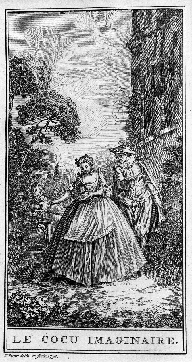 जीन बैप्टिस्ट पॉक्वेलिन डिट मोलिरे (1622-1673) द्वारा "" Sganarelle ou le cuckold imaginaire" (1660) के टुकड़े से एक दृश्य का प्रतिनिधित्व। 1738 से उत्कीर्णन। द्वारा फ्रेंच स्कूल