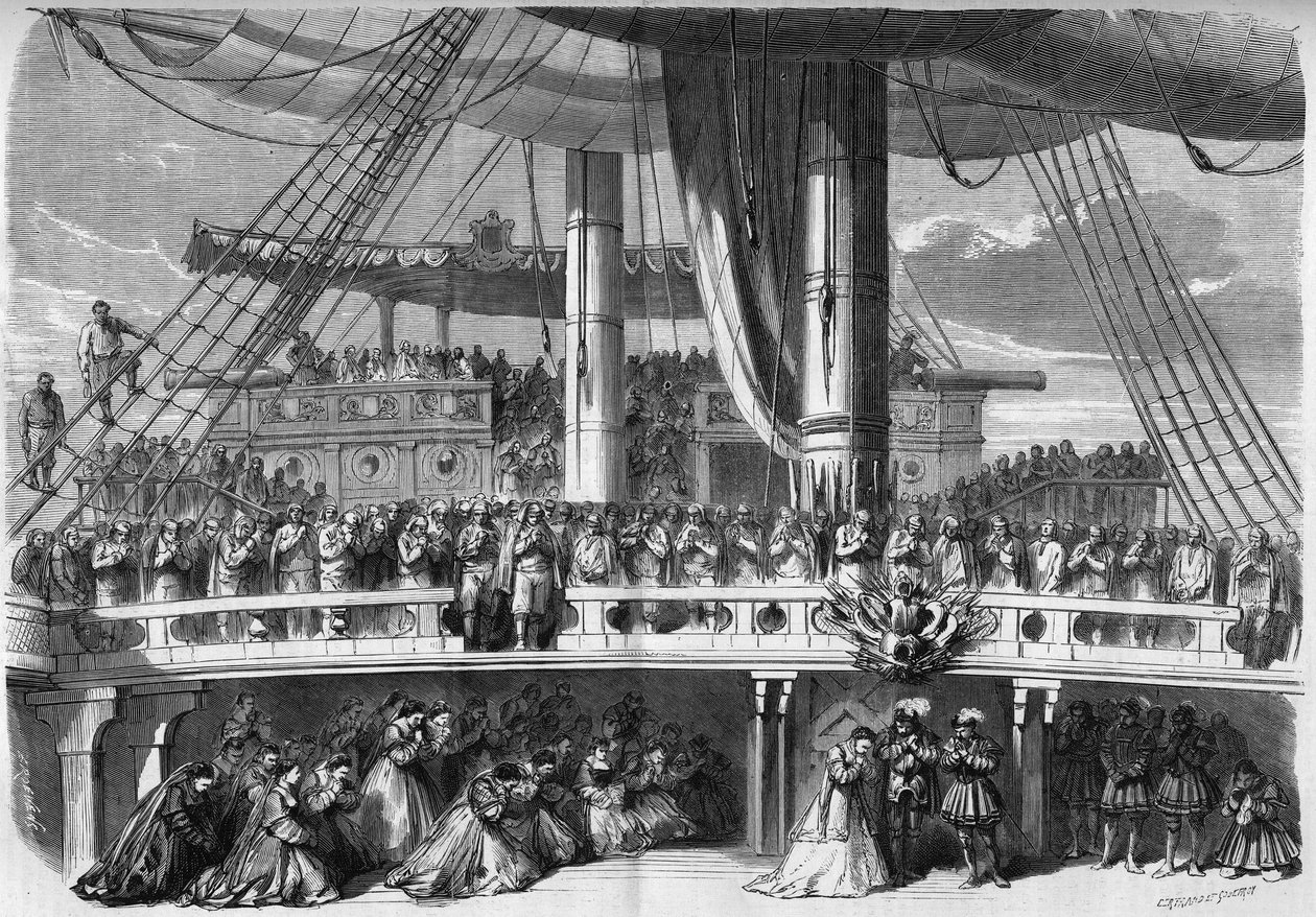 एक ओपेरा का प्रतिनिधित्व: यूजीन स्क्राइब (1791-1861) के एक लिब्रेट्टो पर आधारित "द अफ्रीकन" के तीसरे अधिनियम की सजावट और गियाकोमो मेयरबीर (1791-1864) का एक संगीत। एंजेलस का एपिसोड जहाज पर गाता है। १८६५. 2 “ के "" ले मोंडे इलस्ट्र्रे&quo द्वारा फ्रेंच स्कूल