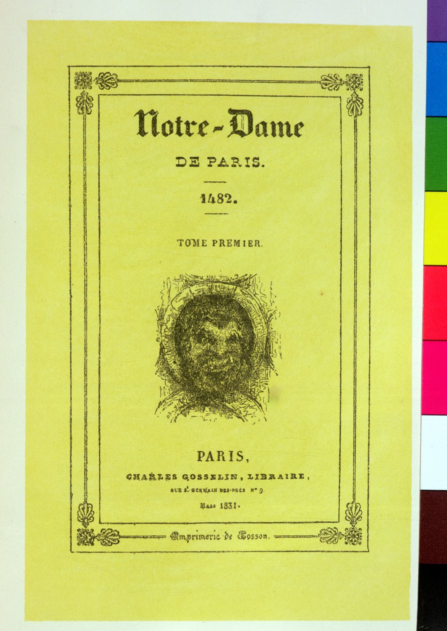 विक्टर ह्यूगो (1802-85) द्वारा Notre-Dame de Paris के पहले संस्करण के फ्रंट कवर का पुनरुत्पादन 1930 में द्वारा फ्रेंच स्कूल