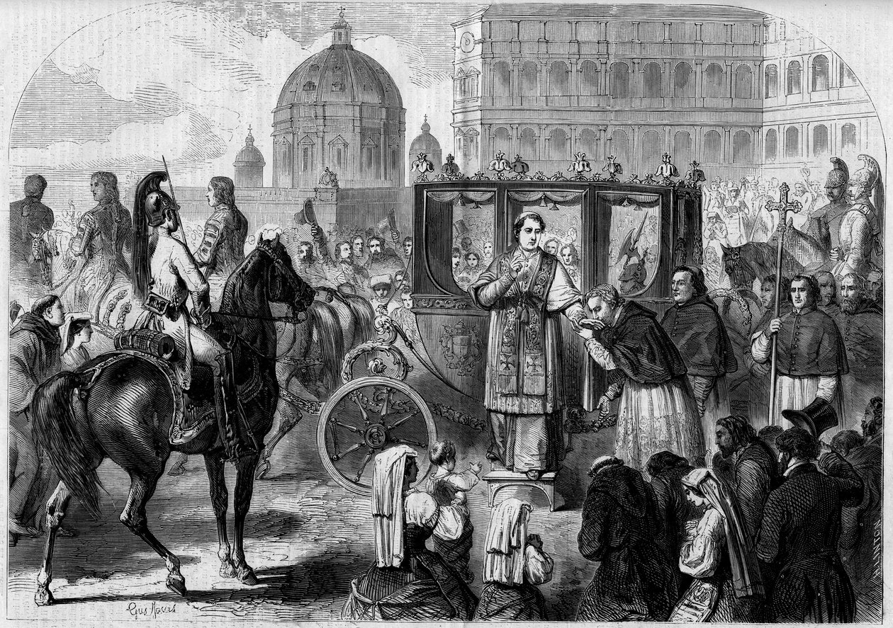 रोम में पोप पायस IX (1792-1878) की वापसी। 26 जून 1858 के "द इलस्ट्रस वर्ल्ड" एन °65 में उत्कीर्णन। द्वारा फ्रेंच स्कूल